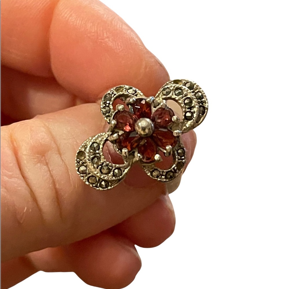 Vintage sterling silver garnet marcasite 925 fancy oblong ring - Picture 7 of 10